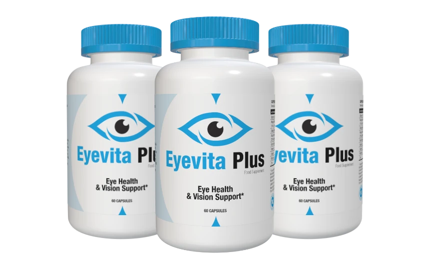 Envase de Eyevita Plus sostenido en la mano, enfocado en la salud ocular